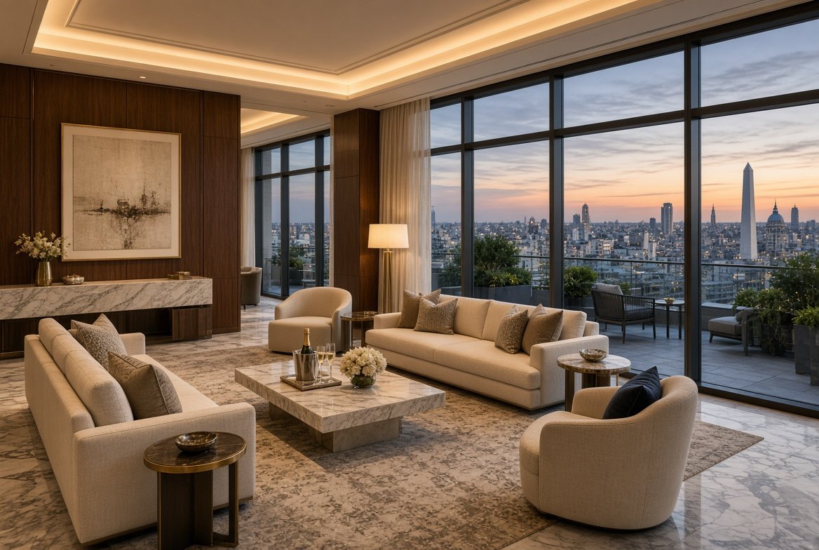 Sala de la Suite Presidencial con terraza y vista a Buenos Aires