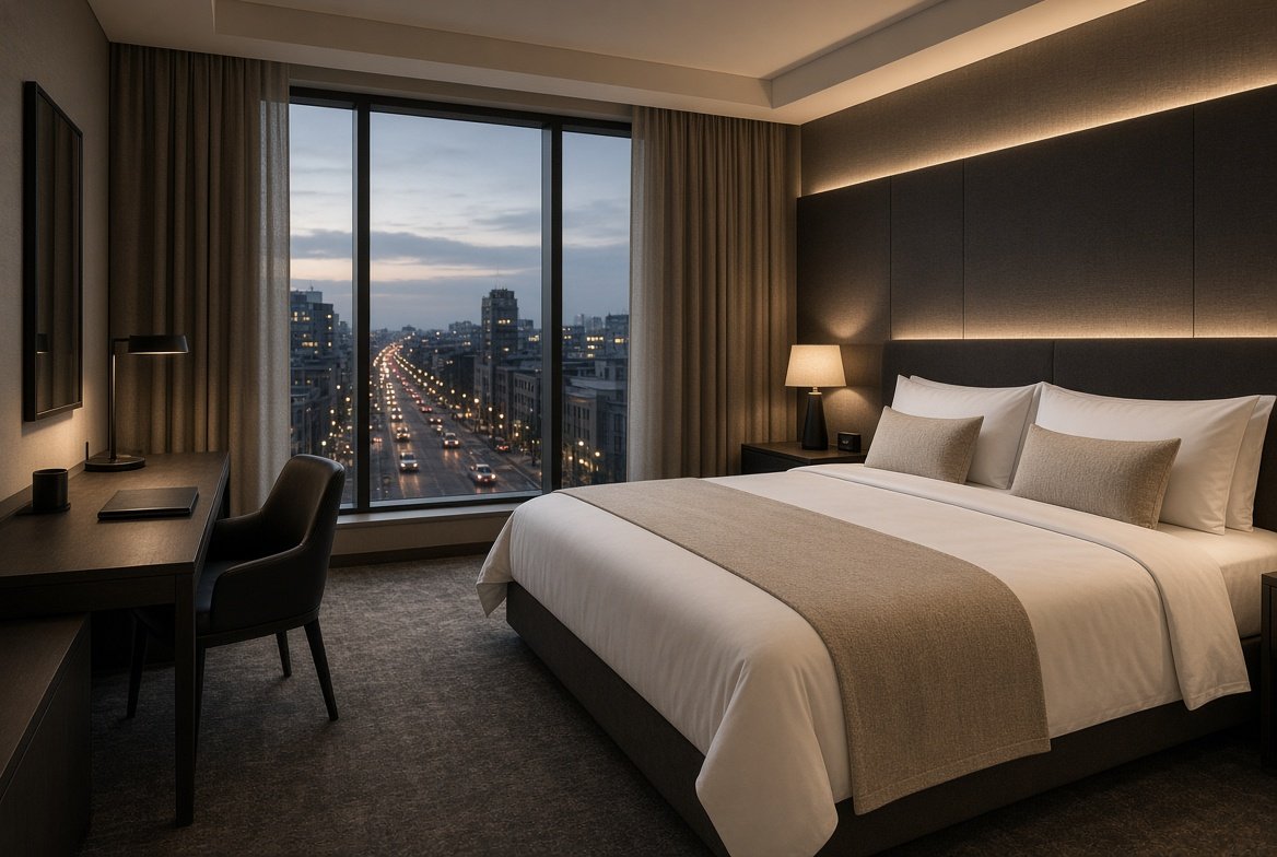 Habitación ejecutiva con escritorio y vista a la avenida