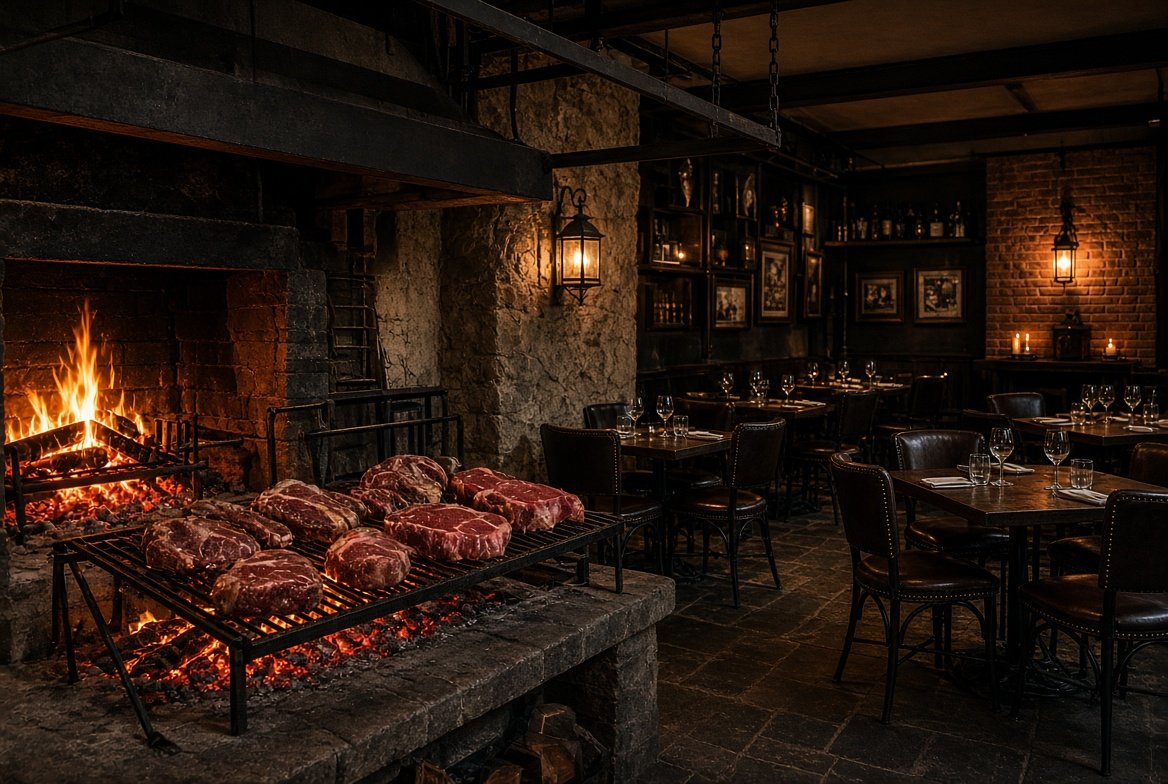 Parrilla a leña con cortes de carne